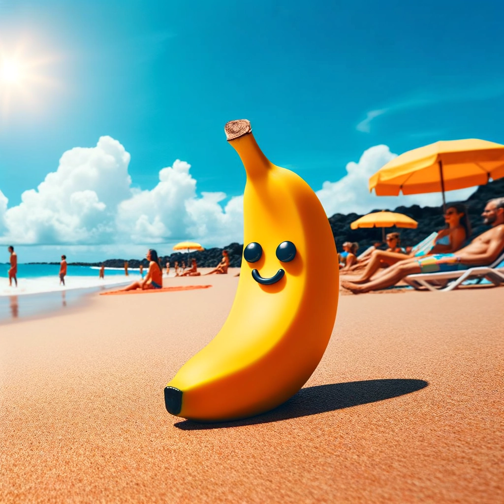 Zabawne emoji przedstawiające banana na plaży